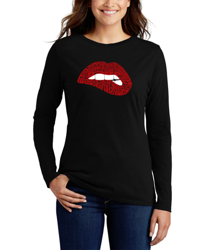 La Pop Art Women's Long Sleeve Word Art Savage Lips T-shirt In Black