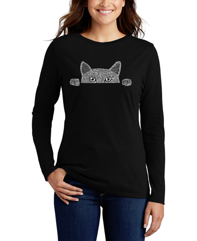 La Pop Art Women's Long Sleeve Word Art Peeking Cat T-shirt In Black