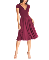 Dress The Population Corey Womens V-neck Midi Fit & Flare Dress In Dark Magenta