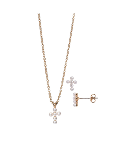 Fao Schwarz Imitation Pearls Cross Pendant Necklace And Earring Set In Yellow