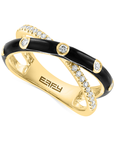 Effy Collection Effy Diamond Black Enamel Crossover Statement Ring (1/4 Ct. T.w.) In 14k Gold In Yellow Gold