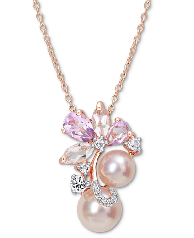 Macy's Pink Cultured Freshwater Pearl (7 & 8-1/2mm) & Multi-gemstone (2-1/3 Ct. T.w.) Flower Cluster 18" Pe In Rose-tone