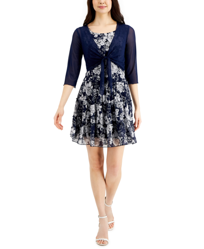 Connected Petite 2-pc. Printed Dress & Mesh Jacket In Navy
