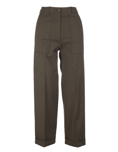 Moncler Woman Military Green Cropped Chino Trousers In Verde Oliva