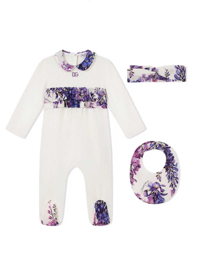 Dolce & Gabbana Babies' White And Wisteria Romper Set Dolce&gabbana Kids In Glicine