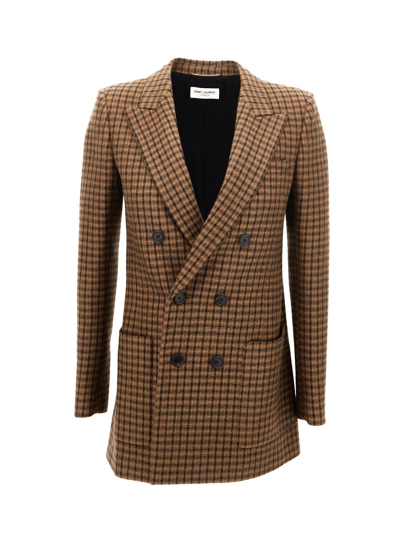 Saint Laurent Womens Noisettecamel Checked Double-breasted Wool Blazer 6 In Brown