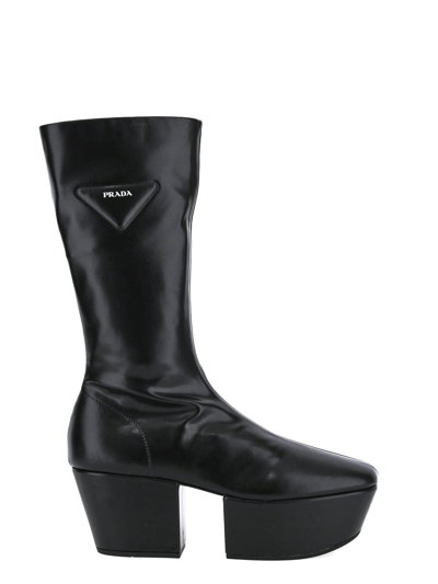 Prada Tech Leather Platform Boot In Black