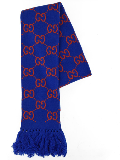 Gucci Blue & Orange Wool Jacquard Gg Scarf