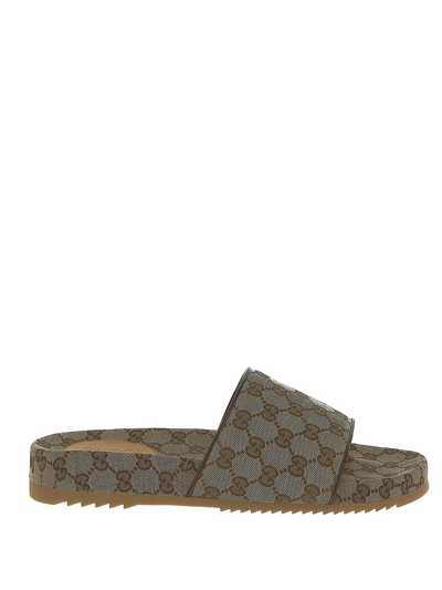 Men's GG slide sandal in beige and blue canvas