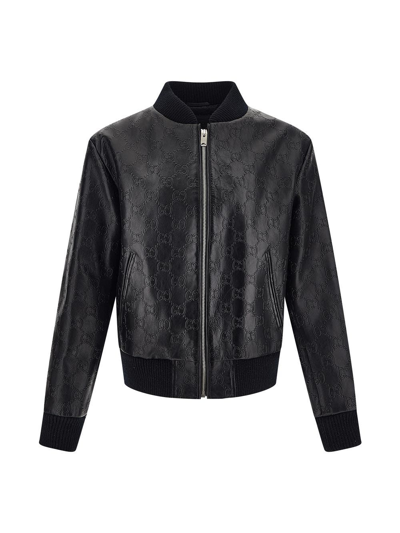 Gucci Black Gg Debossed Leather Jacket