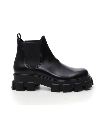 Prada `monolith` Brushed Leather Chelsea Boots In Nero