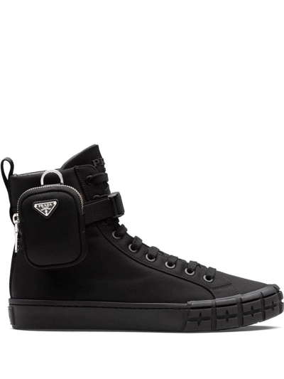 Prada Wheel Re-nylon High-top Sneakers In Black