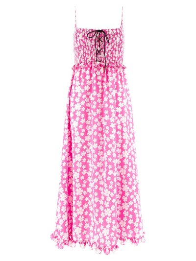 Miu Miu Floral-print Smocked Lace-up Silk Midi Dress In Pink,white