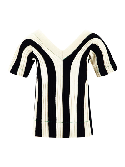 Bottega Veneta Ribbed Striped Linen-blend Top In Black