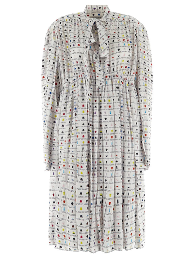 Balenciaga Thumbnail Print Oversize Technical Satin Long Sleeve Midi Dress In White