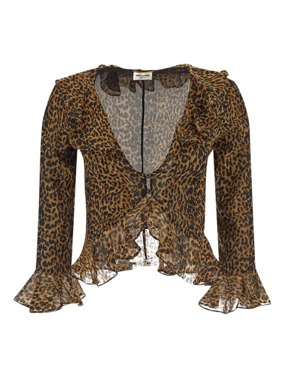 Saint Laurent Leopard-print Frilled Blouse In Brown