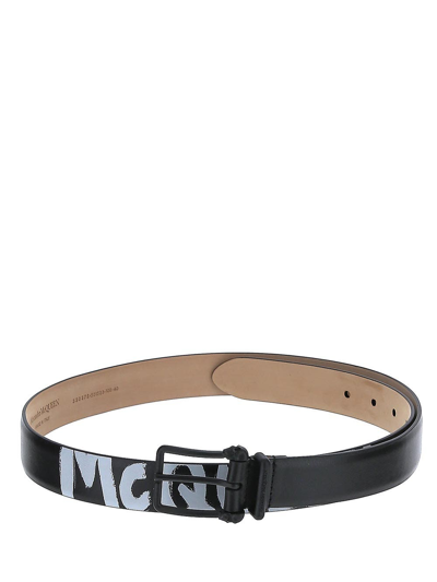 Alexander Mcqueen Thin Twin Skull Belt Mcqueen Graffiti In Blackwhite