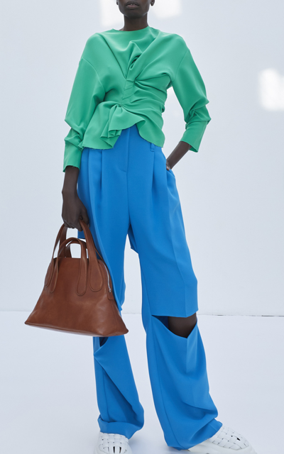 A.w.a.k.e. Belted Paper Bag Waist Slit Wide Leg Pants In Blue
