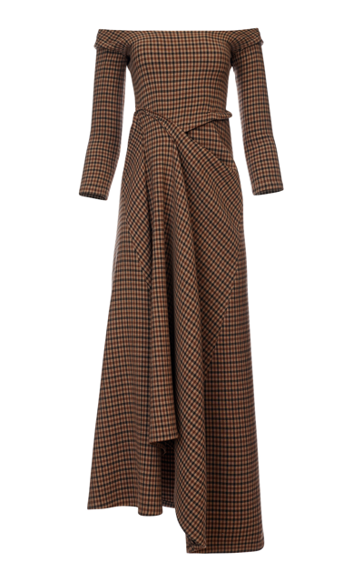 A.w.a.k.e. Chequered Off Shoulder Asymmetric Draped Dress In Brown