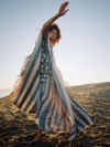 Chloé Leather-trimmed Fringed Striped Cashmere And Silk-blend Poncho In Blue - Beige 1
