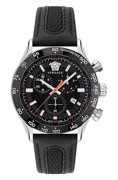 Versace Hellenyium Chrono Leather Watch In Black