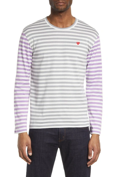 Comme Des Garçons Play Small Heart Stripe Colorblock Long Sleeve T-shirt In Grey