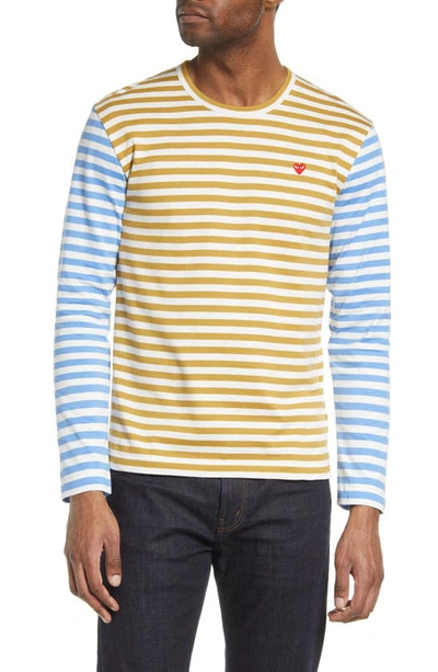 Comme Des Garçons Play Small Heart Stripe Colorblock Long Sleeve T-shirt In Mustard