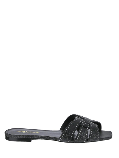 Saint Laurent Tribute Studded Flat Leather Sandals In Black