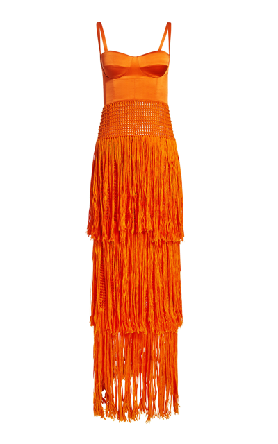 Alejandra Alonso Rojas Women's Fringed Silk Crochet Maxi Dress In Orange