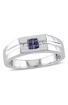 Delmar Sterling Silver Blue Sapphire & Diamond Square Ring In Blue