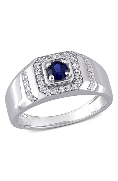 Delmar Sterling Silver Created White & Blue Sapphire Halo Ring