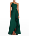 Alfred Sung One-shoulder Satin Gown With Draped Front Slit And Pockets In Hunter Green