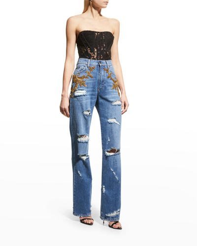 Dolce & Gabbana Embellished High-waisted Straight-leg Jeans In Medblue