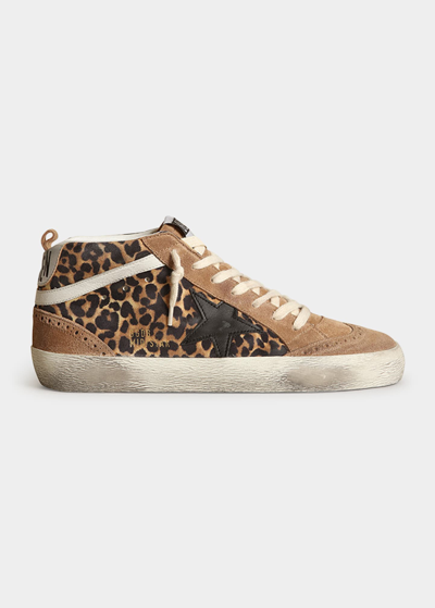 Golden Goose Mid Star Distressed Leather-trimmed Leopard-print Suede Sneakers In Beige