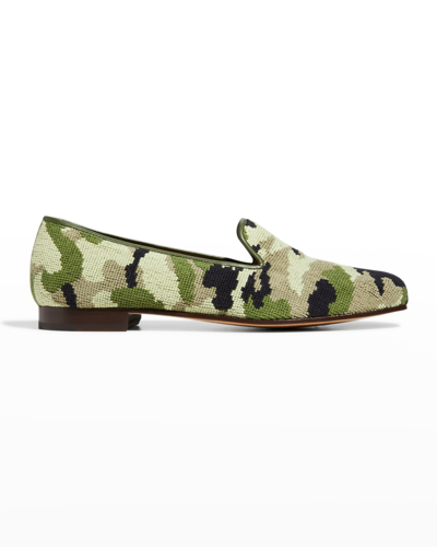 Stubbs And Wootton Men's Camo-print Needlepoint Smoking Slippers In Green