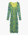 Ganni Ruched Printed Stretch-mesh Midi Dress In Sulphur Spring