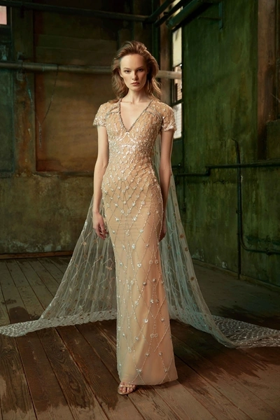 Tony Ward Short Sleeve Embroidered Tulle Gown