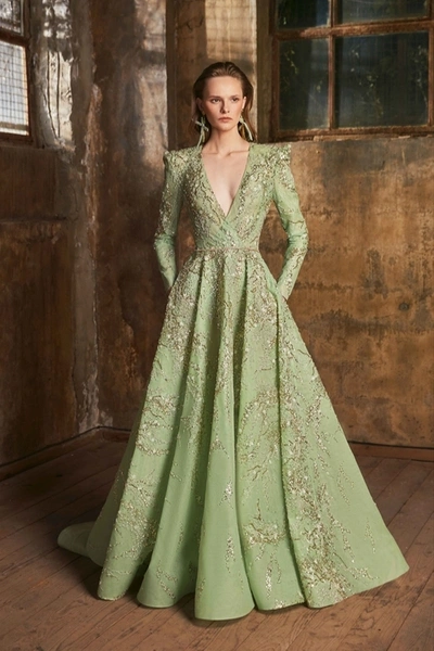 Tony Ward Long Sleeve Deep V Neck Gown