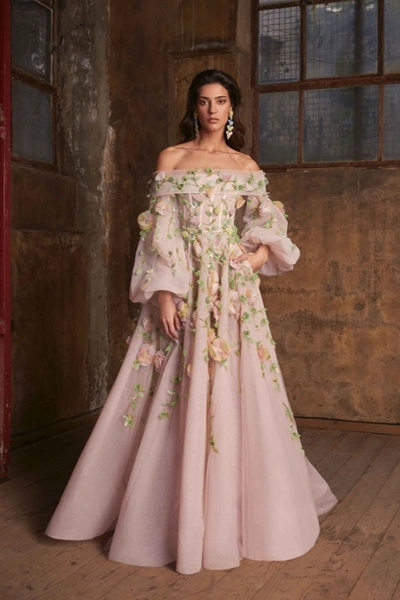Tony Ward Off Shoulder Puff Sleeve Gown