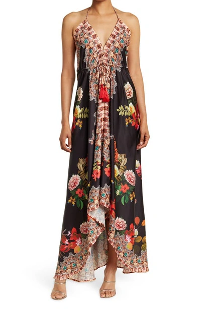 Ranee's Floral Print Halter Cover-up Dress In Black