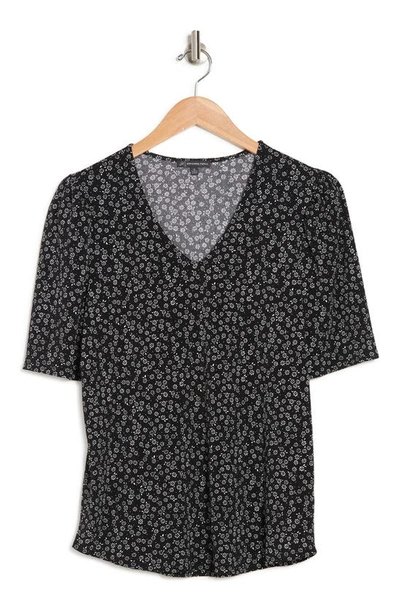 Adrianna Papell Floral Print V-neck Pleated Top In Black Easy Ditsy