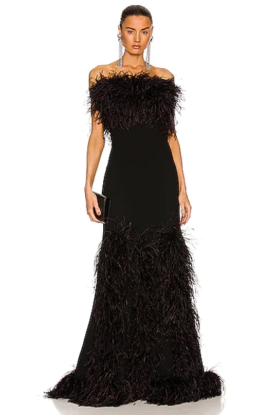 Saint Laurent Strapless Feather-trim Trumpet Gown In Noir