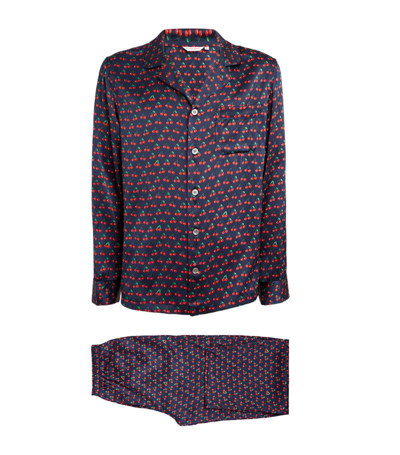 Derek Rose Silk Cherry Print Brindisi Pyjama Set In 黑色