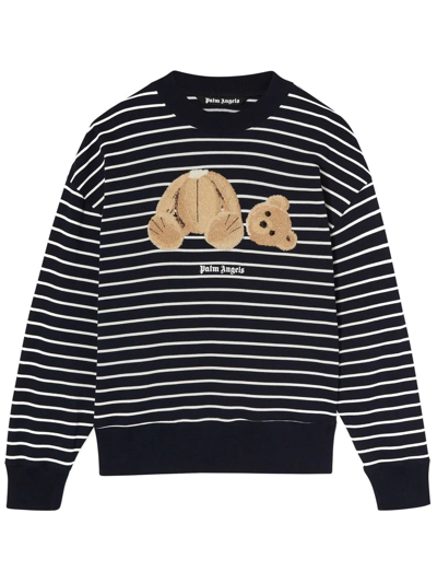 Palm Angels Blue Cotton Bear Sweatshirt In Navy Blue Brown