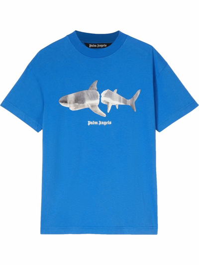 Palm Angels Shark Print Cotton Jersey T-shirt In Blue