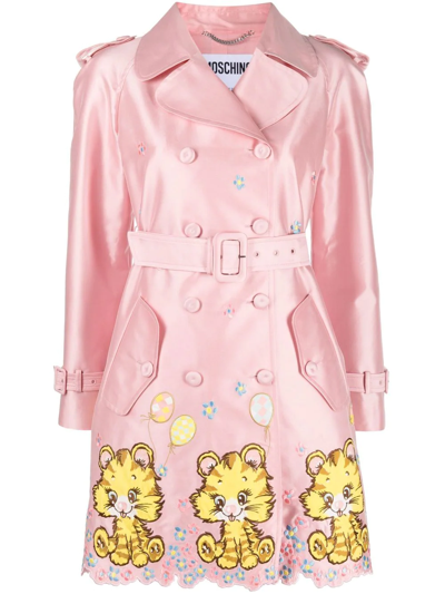 Moschino Embroidered Double-breasted Coat In Pink