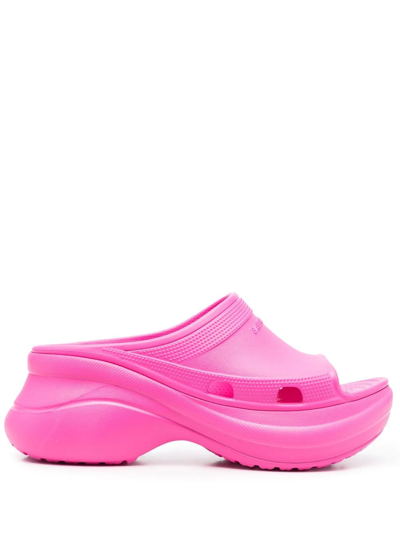 Balenciaga + Crocs Pool Perforated Neon Rubber Slides In Electric Pink