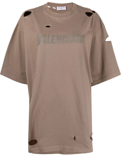 Balenciaga Distressed Logo-print T-shirt In Braun