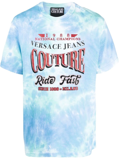 Versace Jeans Couture Tie-dye Slogan-print T-shirt In Blau