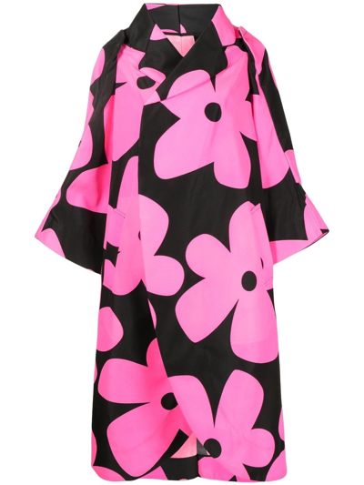 Comme Des Garçons Floral-print Oversized Asymmetric Coat In Black Pink